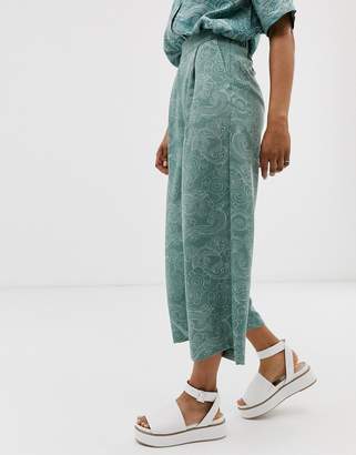 Monki cropped wide leg pants with elastic waist and cloud print in turquoise