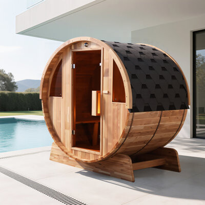 royal saunas hongyuan Hongyuan 4-Person Rustic Cedar Barrel Traditional Sauna with 6KW Hariva Heater