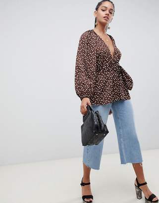 ASOS DESIGN long sleeve plunge top with kimono sleeve and belt in polka dot