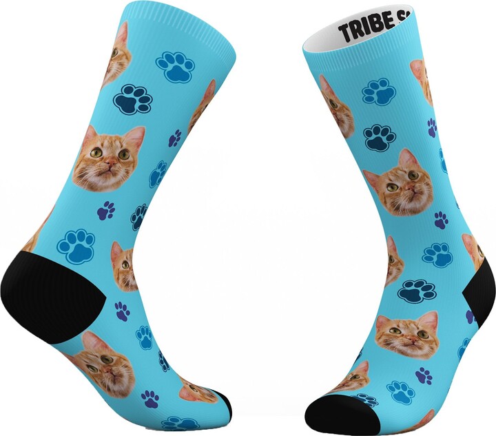 TRIBE SOCKS Personalized Cat Face Socks, Blue