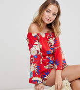 Thumbnail for your product : Parisian Petite Floral Print Off Shoulder Romper With Tie Waist