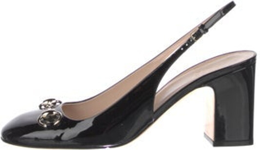 Gucci Patent Leather Slingback Pumps Black Horsebit Accent Square-Toes Buckle Closure at Ankles Includes Box & Dust Bag