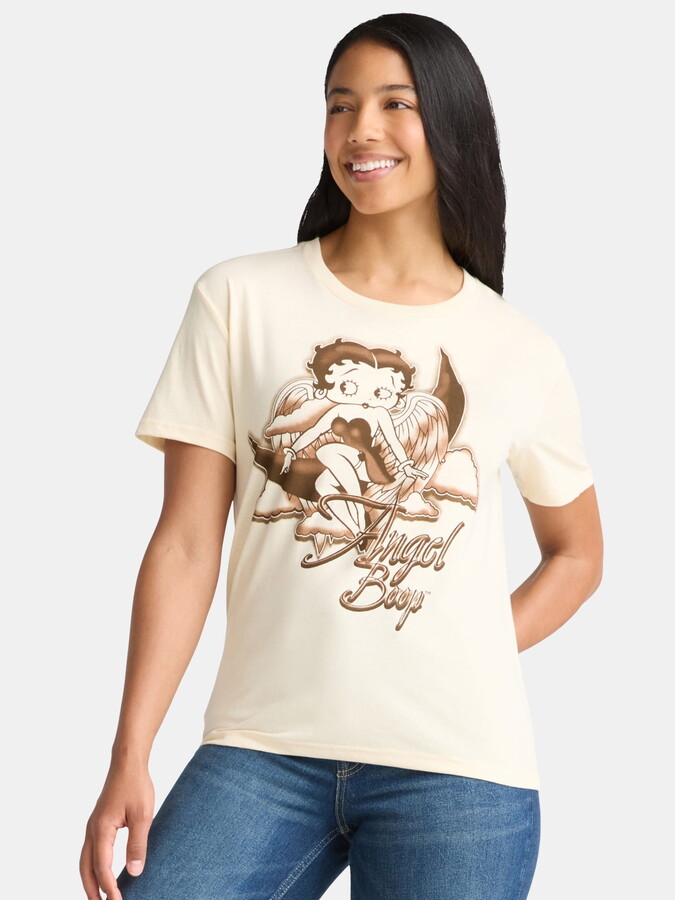 Betty Boop Women’s Angel Graphic Tee with Short Sleeves, Sizes XXS-2XL