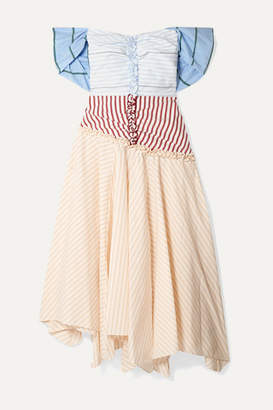 Rosie Assoulin Batten Down The Hatches Off-the-shoulder Striped Cotton-blend Poplin Dress - Cream