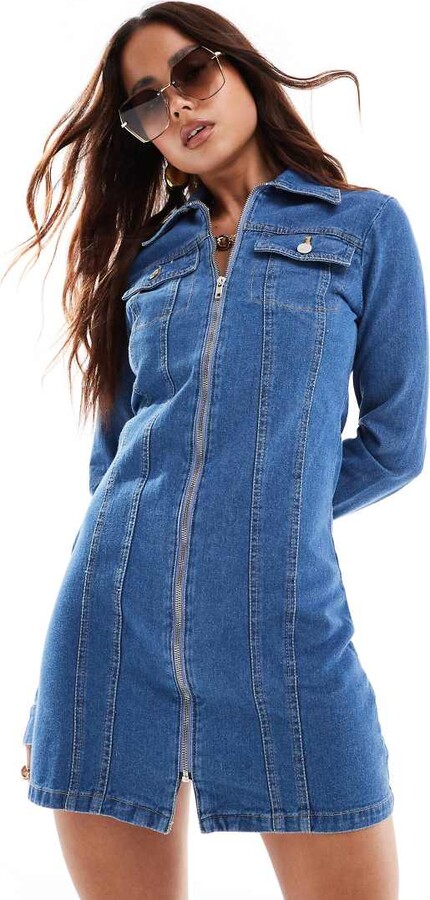 Miss Selfridge denim zip detail shirt dress in mid blue wash