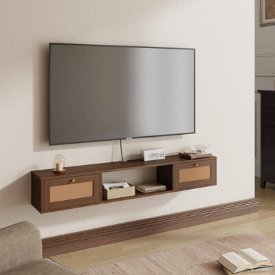 Bay Isle Home 57-Inch Modern Rattan Floating TV Stand for TVs up to 80 Inches – Wall-Mounted Entertainment Center with Doors and Under-TV Storage Caramel Oak