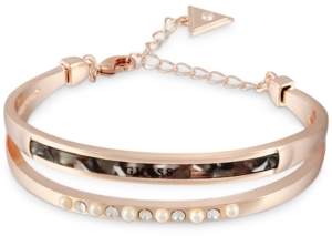 GUESS Rose Gold-Tone Crystal, Imitation Pearl & Tortoise-Look Double-Row Bangle Bracelet