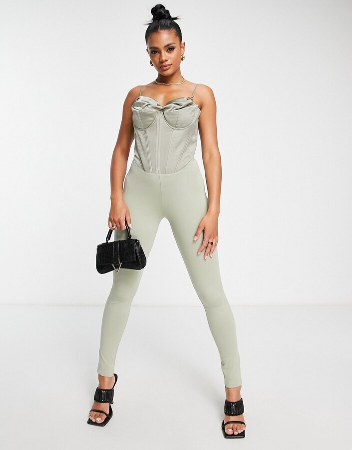 Bad Society Club satin corset top skinny jumpsuit in sage - ShopStyle