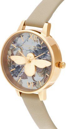 Olivia Burton Marble Floral Leather Strap Watch, 34mm