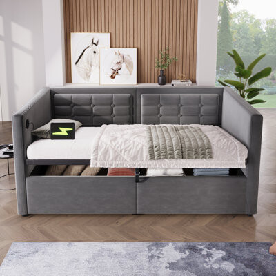 Everly Quinn Upholstered Twin Size Daybed Hydraulic Storage Twin Bed Frame With USB & Type-C Charging Velvet Sofabed With Wooden Slats And Tufted Sofa Back (Wit