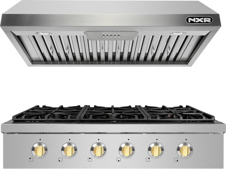 NXR Entree Bundle 36 in. Professional Style Gas Cooktop with 6 Burners and Range Hood in Stainless Steel and Gold