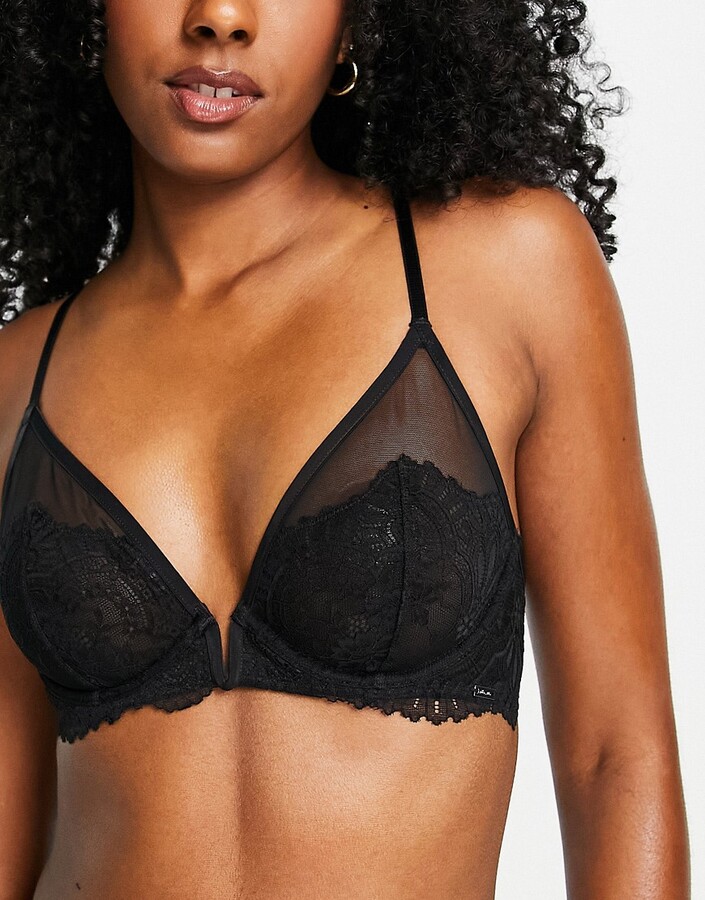 Lindex Chloe non padded plunge lace bra with sheer mesh and V wire detail  in black - ShopStyle