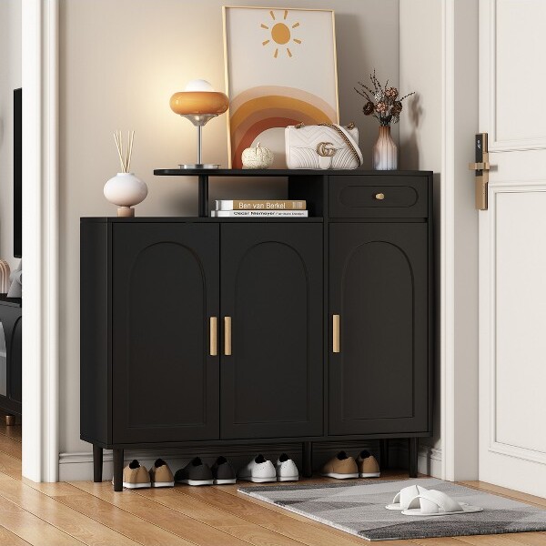 JVNOXKStylishandelegantshoecabinetcream-coloredstoragesideboardwithadjustableshelvesandsolidwoodlegsblack