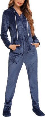 Womens One-Piece Pajamas Soft Fleece Hooded Onesies Warm Winter Nightwear Loungewear 