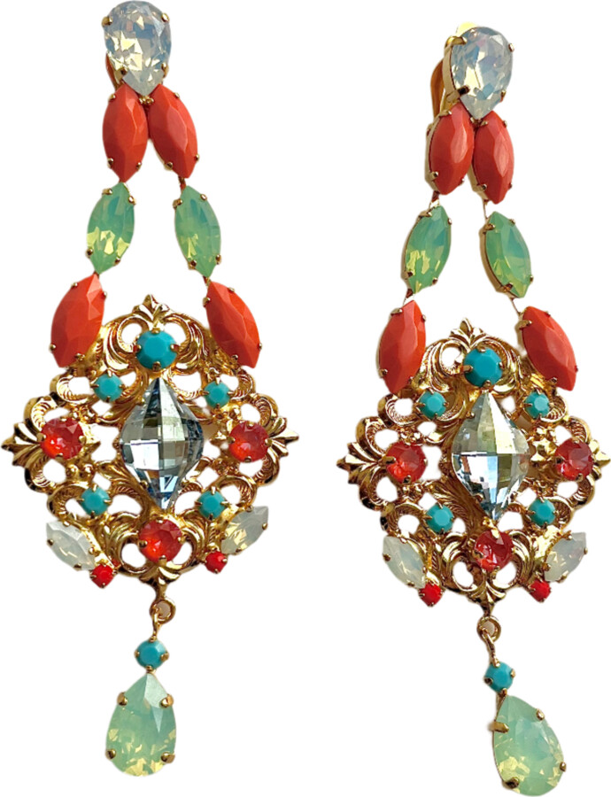 Laura Gray Yellow Coral Turquoise Chandelier Earrings