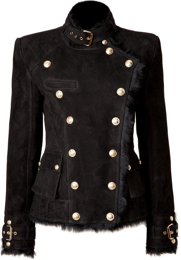 Balmain Shearling DoubleBreasted Jacket in Black ShopStyle Fur Coats