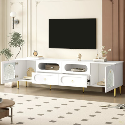 Mercer41 78.8'' Retro TV Stand Entertainment Center Media Console Cabinet With Six Metal Legs 2 Cabinets 4 Drawers And Anti-Tip Device For Living Room Up T