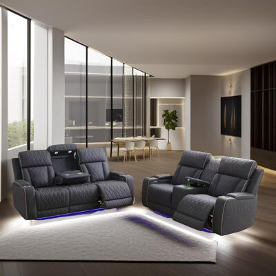 Latitude Run Nordic 2-Piece Power Reclining Sofa Set With LED Lights USB Charging Storage Console & Cup Holders Faux Leather Upholstery
