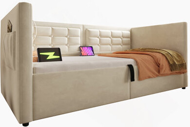 Upholstered Twin Size Daybed, Hydraulic Storage Twin Bed Frame with USB & Type-C Charging, Bed Frame with Wooden Slats and Tufted Sofa Back(Without Ma