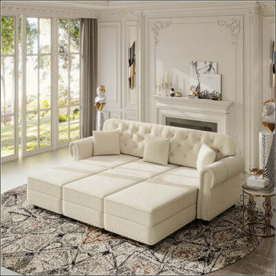 Everly Quinn Upholstered Velvet Sofa With Nailhead Trim And Rolled ArmrestsMid-Century Modern Chesterfield Sofa With Button TuftedIncludes 3 Pillows
