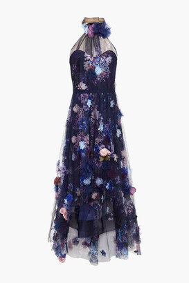 Marchesa Notte Floral-appliqued Gathered Floral-print Tulle Gown