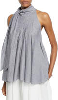 Thumbnail for your product : Brunello Cucinelli Tie-Neck Striped Cotton Sleeveless Blouse