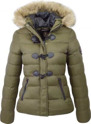 Brave Soul Womens Ladies Designer Faux Fur Hooded Short Jacket Quilted Puffer Padded Coat UK 12 / Medium Khaki