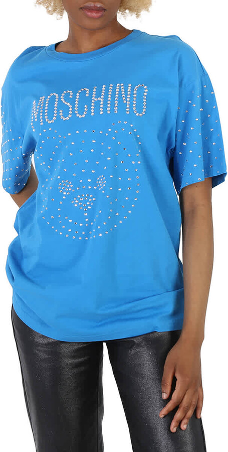 Blue Crystal Teddy Bear Oversize Cotton T-Shirt