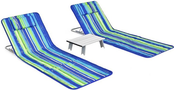 Inolait 3 Pieces Beach Lounge Chair Mat Set 2 Adjustable Lounge Chairs with Table Stripe