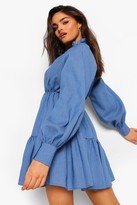 Thumbnail for your product : boohoo High Neck Plunge Tiered Chambray Dress