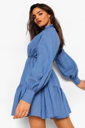 boohoo High Neck Plunge Tiered Chambray Dress