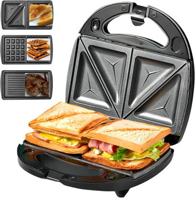 FOHERE 3-in-1 Sandwich Maker Waffle Maker Sandwich Grill Portable Electric Panini Press with Removable Non-Stick Plates LED Indicator Lights Cool
