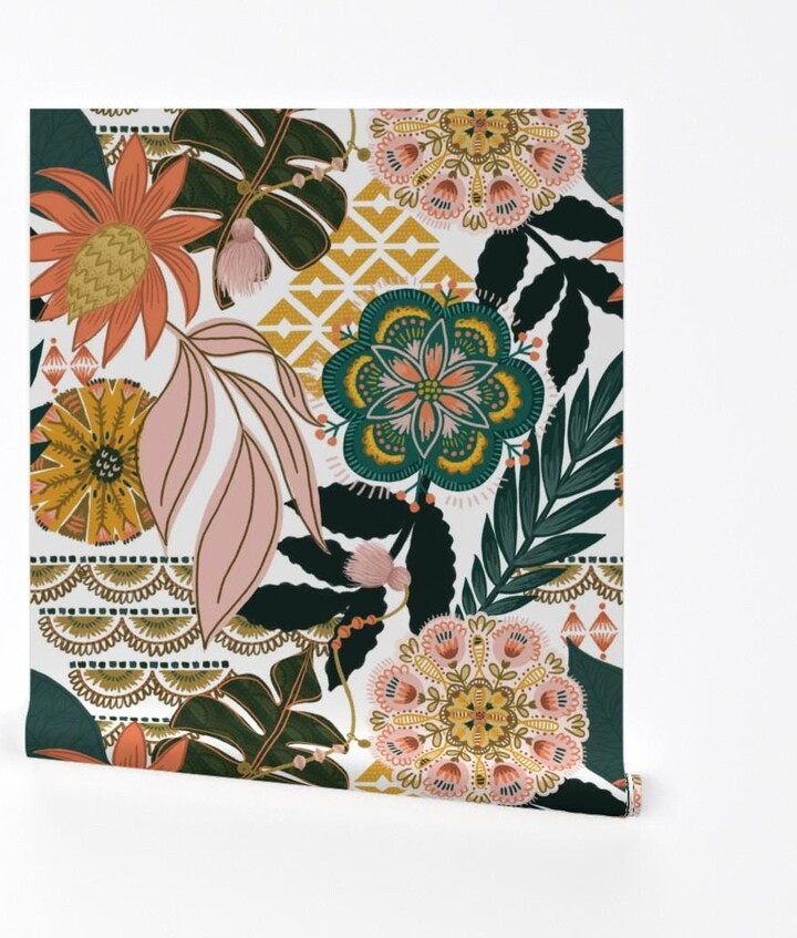 Boho Botanical Removable Peel & Stick Wallpaper - Maximalist Monstera Palms Wall Art Decor Tropical By Fineapple Pair