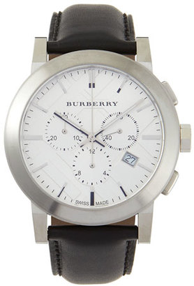 Burberry Check-Dial Leather-Strap Watch, Silver//Black