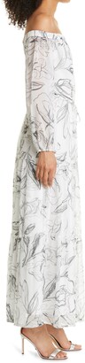 Milly Pierce Sketched Iris Off the Shoulder Long Sleeve Maxi Dress