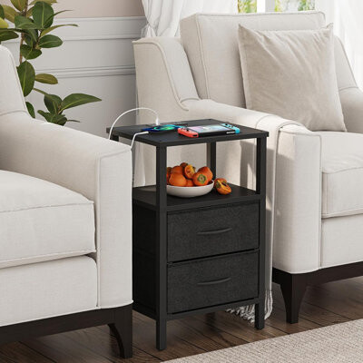 17 Stories End Table With Charging Station, Side Table With 1 Usb & 1 Usb- C Type Port And Outlets, Nightstand With Cloth Drawer, Set Of 2, Couch Table, Black Tb