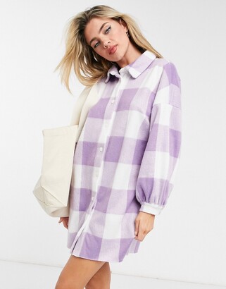 ASOS DESIGN mini fleece shirt dress in lilac and white check