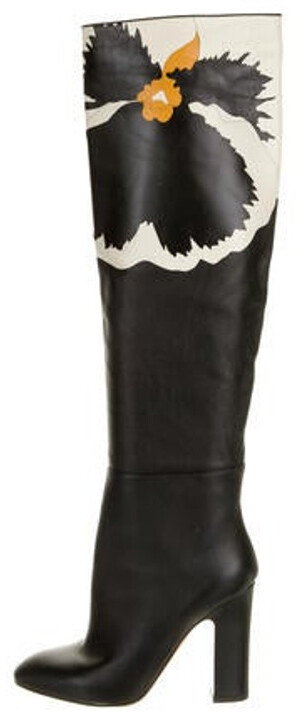 Valentino Leather Floral Print Boots Black - ShopStyle