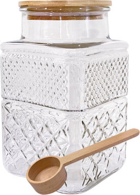 Ebern Designs Large Glass Jar with Wood Lid and Spoon 60 OZ Square Thick Glass Storage Jars