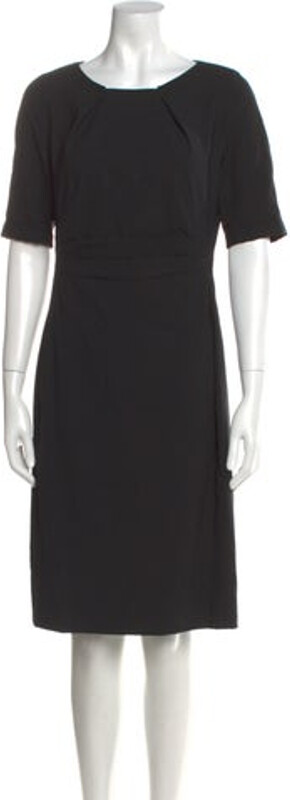 Rene Lezard Wool Shift Dress Black Short Sleeve with Bateau Neckline