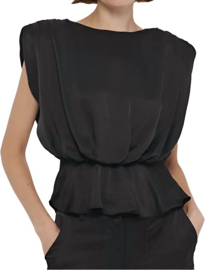Toccin Saylor Strong Shoulder Silky Satin Top In Black