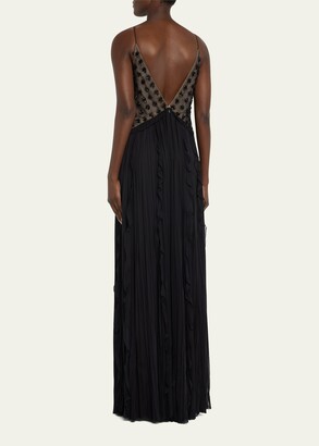 J. Mendel Embroidered Floral Silk Hand Pleated Ruffles Gown