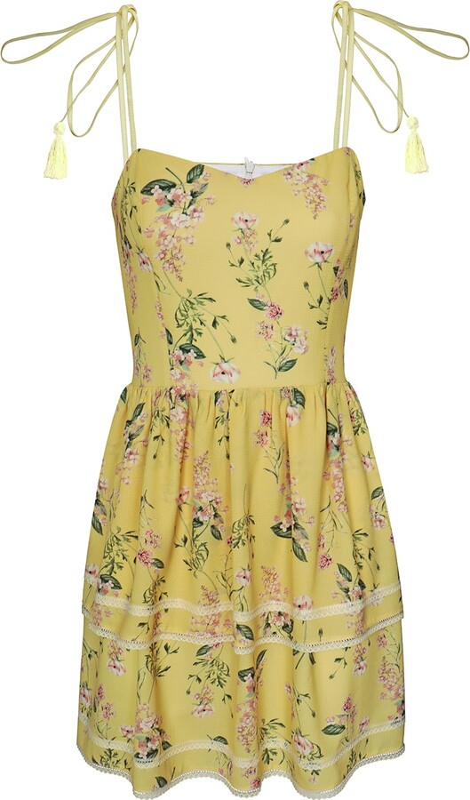2Kstyle El Viscose Floral Print Tasseled Mini Dress With Lace - Yellow