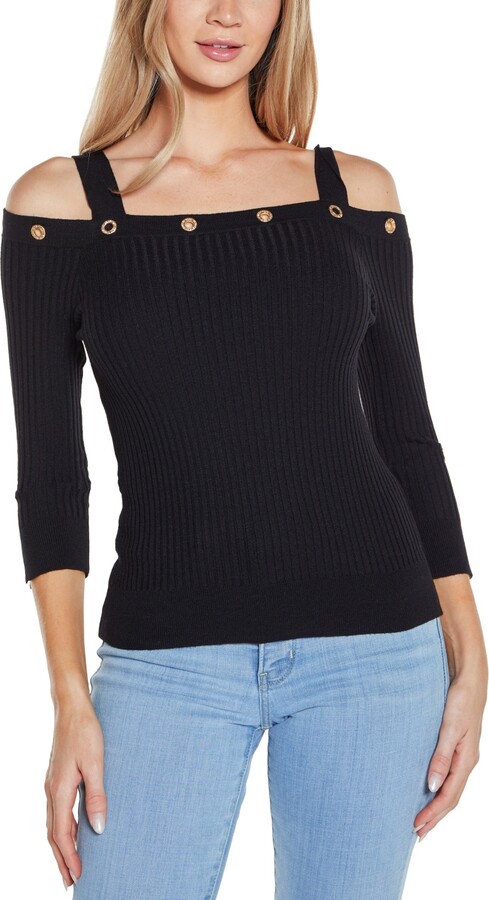 Belldini Women's Rhinestone Grommet Cold-Shoulder Sweater