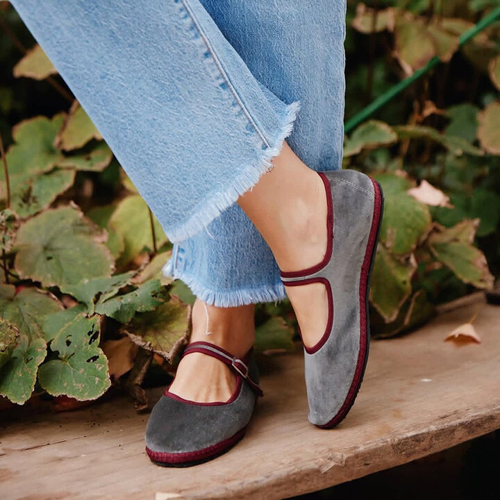 IEKROPOT Gray Mary Jeans Flats Shoes Women Round Toe Hand Stitch Velvet Cloth Shoes Ladies Casual Soft Comfortable Ballet Shoes Loafers