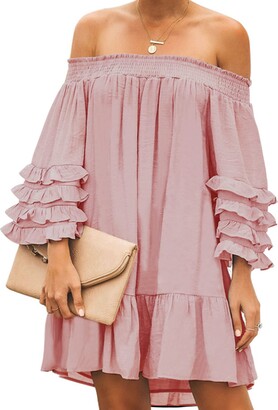 ZANZEA Women Off Shoulder Mini Dress Ruffle Long Sleeve Casual Loose Tunic T Shirt Tops Beach Dresses Cover Up 04-Pink UK 18/US XL
