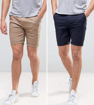 ASOS Design 2 Pack Skinny Chino Shorts In Navy & Stone Save