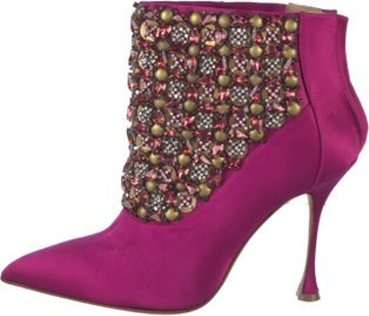 Manolo Blahnik Satin Ankle Boots Pink Patterned Pointed-Toes with Crystal Embellishments Zip Closures at Shafts Designer