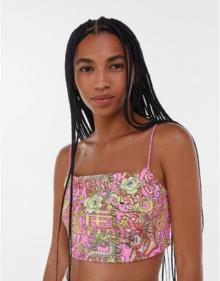 Bershka open back printed stappy cami in pink - ShopStyle Tops