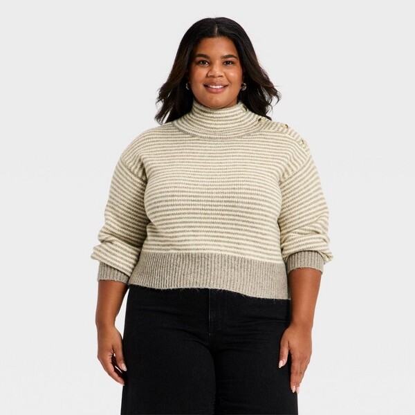 Universal Thread Women'sLongSleeveMockTurtleneckButtonPulloverSweater-UniversalThread™TaupeStriped2X